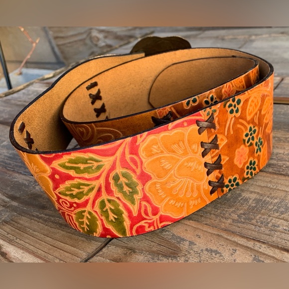 Chicos Leather Statement Belt Tooled Multicolor Floral Boho Hippy Wide Womens  M - Picture 5 of 15